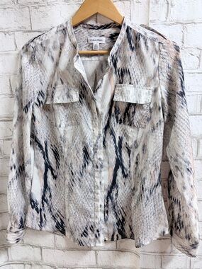 Calvin Klein Beige, Black & Cream Snake-Print Button-Down Blouse